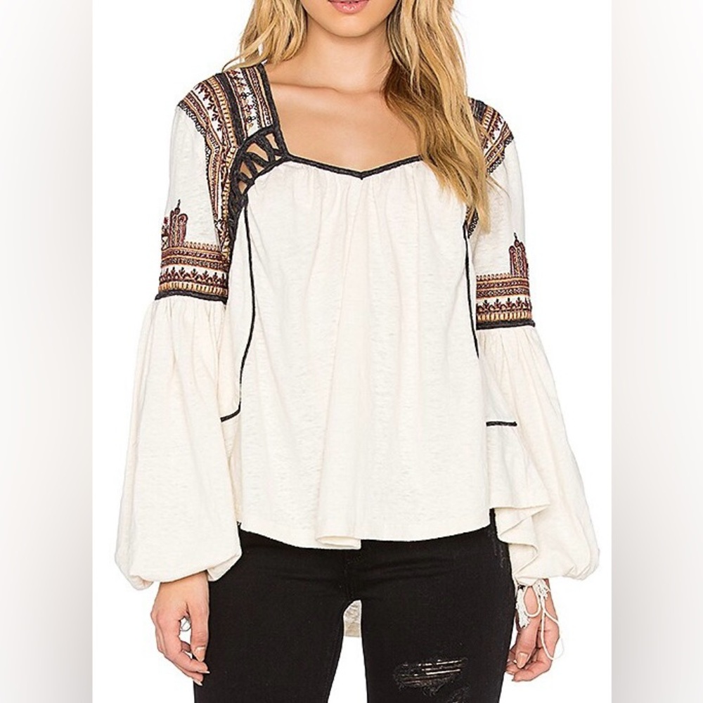 Free People Women’s Small Snow Kisses Boho Embroidery Blouse Balloon Sleeves